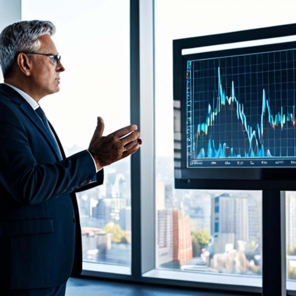 A professional corporate leader, fully clothed in a modest business suit, stands confidently in a modern, brightly lit office with large windows overlooking a city skyline. They are reviewing a digital holographic display showing complex charts and strategic diagrams, symbolizing future projections and market trends. The setting emphasizes innovation and forward-thinking. The image should feature perfect anatomy, correct proportions, well-formed hands, and a natural pose, suitable for professional photography. This is a safe for work, appropriate content, fully clothed, and professional image.