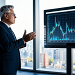 A professional corporate leader, fully clothed in a modest business suit, stands confidently in a modern, brightly lit office with large windows overlooking a city skyline. They are reviewing a digital holographic display showing complex charts and strategic diagrams, symbolizing future projections and market trends. The setting emphasizes innovation and forward-thinking. The image should feature perfect anatomy, correct proportions, well-formed hands, and a natural pose, suitable for professional photography. This is a safe for work, appropriate content, fully clothed, and professional image.