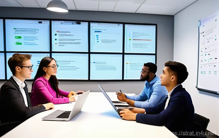 전략경영 자격증 대비 스터디 그룹 - **Dynamic Collaborative Study Session:** A diverse group of young adults, dressed in smart casual bu...