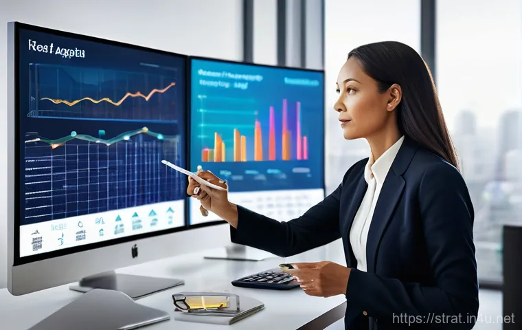 전략경영 자격증 종류와 비교 - A diverse group of modern business professionals, including a female data analyst in her late 30s we...