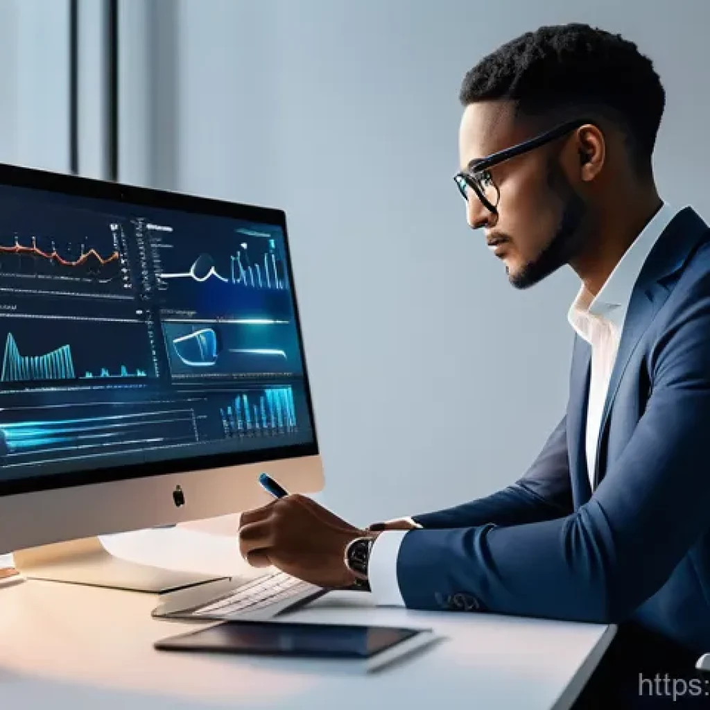 전략경영 온라인 학습 도구 - A young professional, wearing a stylish business casual outfit, sits at a sleek, minimalist desk in ...