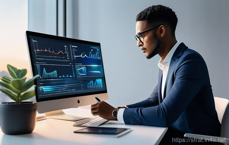 전략경영 온라인 학습 도구 - A young professional, wearing a stylish business casual outfit, sits at a sleek, minimalist desk in ...