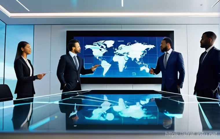 전략경영 직무 설계와 변화 - **Prompt**: A diverse group of modern business executives, dressed in sharp business attire, gathere...