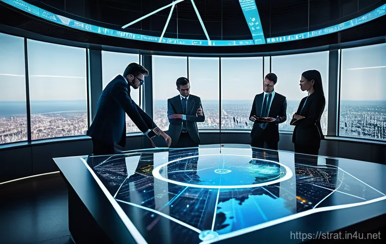 전략경영에서 쓰이는 툴 소개 - **Prompt 1: Guiding Through Turbulent Markets**
A diverse team of business professionals (men an...