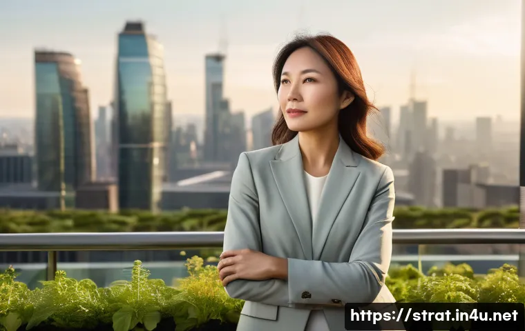 전략경영에서 리더십 발휘하기 - A visionary female CEO, of East Asian descent, dressed in a sophisticated, earth-toned business suit...