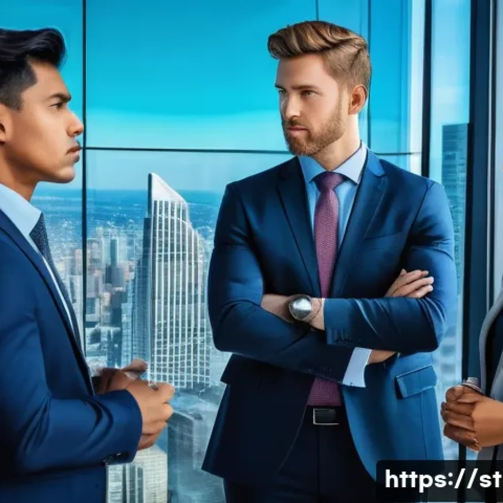 전략경영 강의 및 학습 자료 - **Dynamic AI Strategy in a Modern Business Hub:** A diverse group of four business professionals, tw...