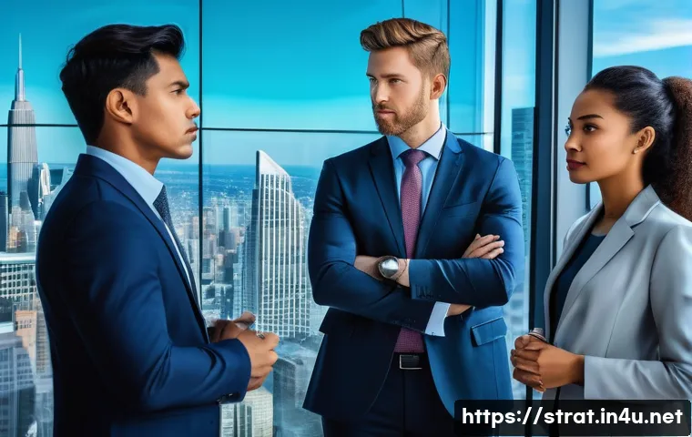 전략경영 강의 및 학습 자료 - **Dynamic AI Strategy in a Modern Business Hub:** A diverse group of four business professionals, tw...